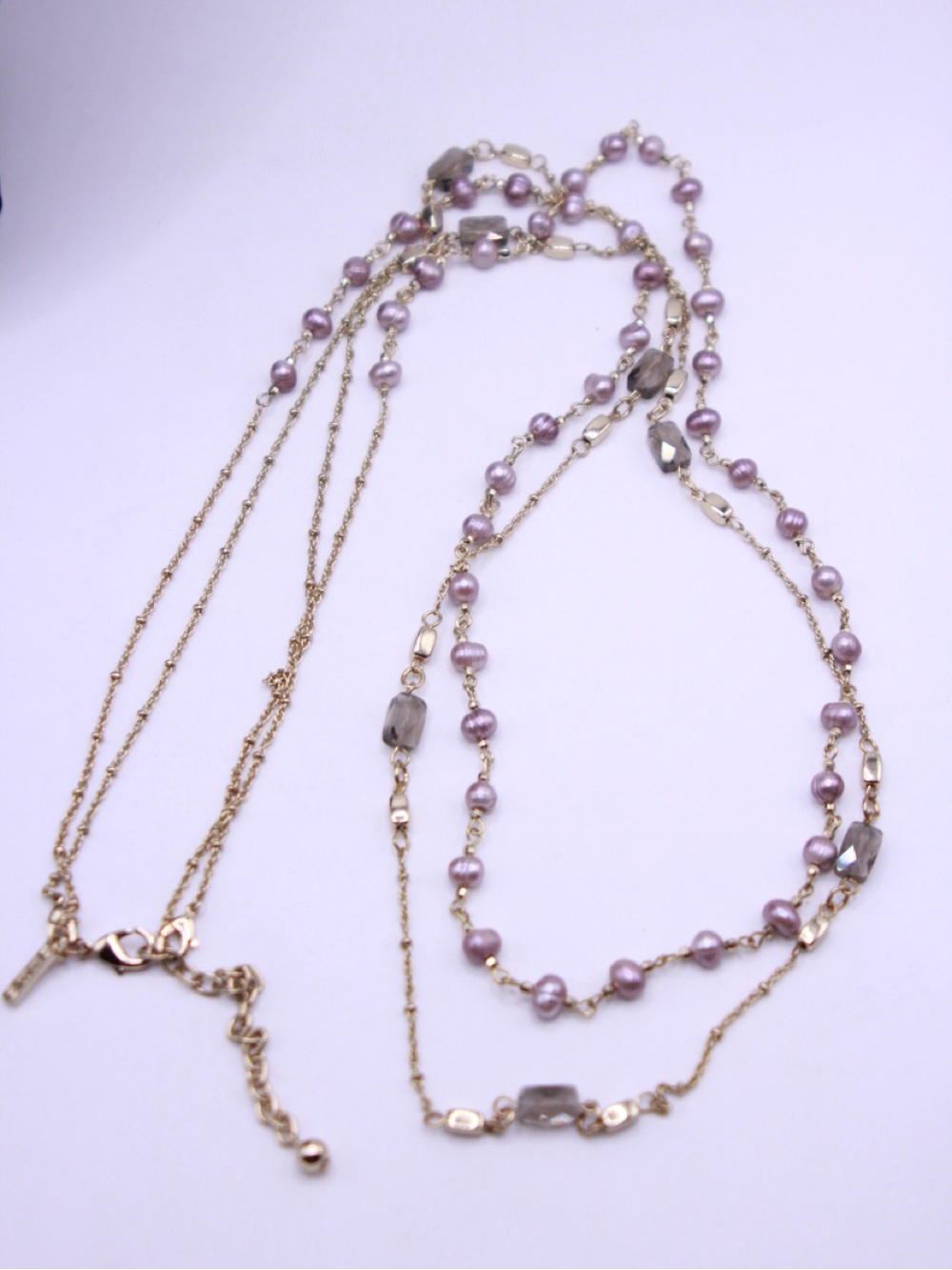 White House Black Market Long Gold-Tone Multi-Strand Lavender Pearl Necklace